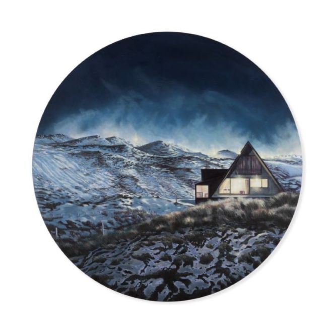 snowy hut in Otago mountains with light