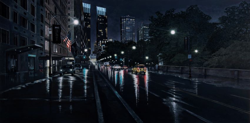 acrylic painting NYC at night near central park